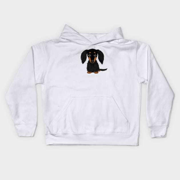 Black and Tan Longhaired Dachshund | Cute Wiener Dog Kids Hoodie by Coffee Squirrel